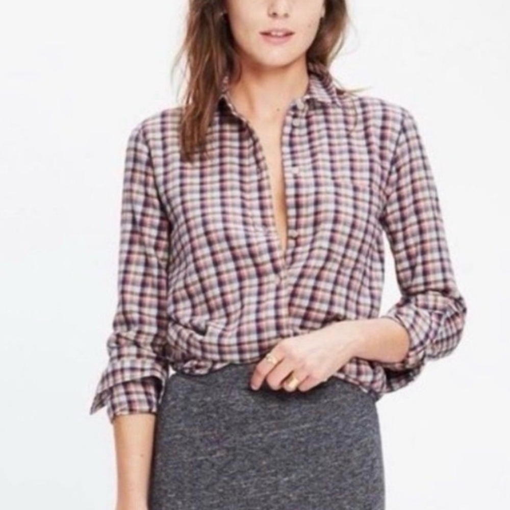 Madewell Plaid Button Front Shirt | Red Navy Cream | Large